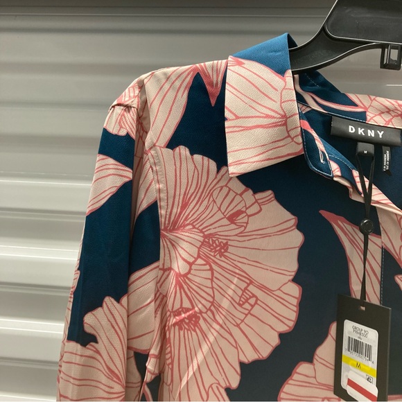DKNY Women's Navy and Pink Floral Button Down Shirt - Picture 3 of 14